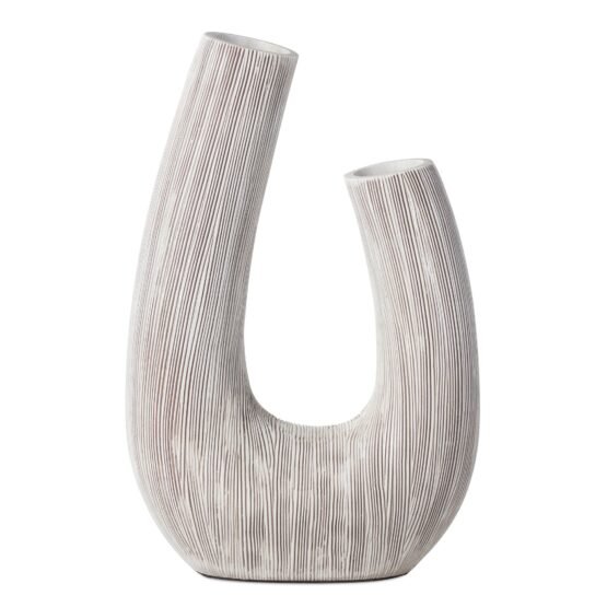 Alma Etched White Patina Resin Horn Vase - 12 Inch Tall
