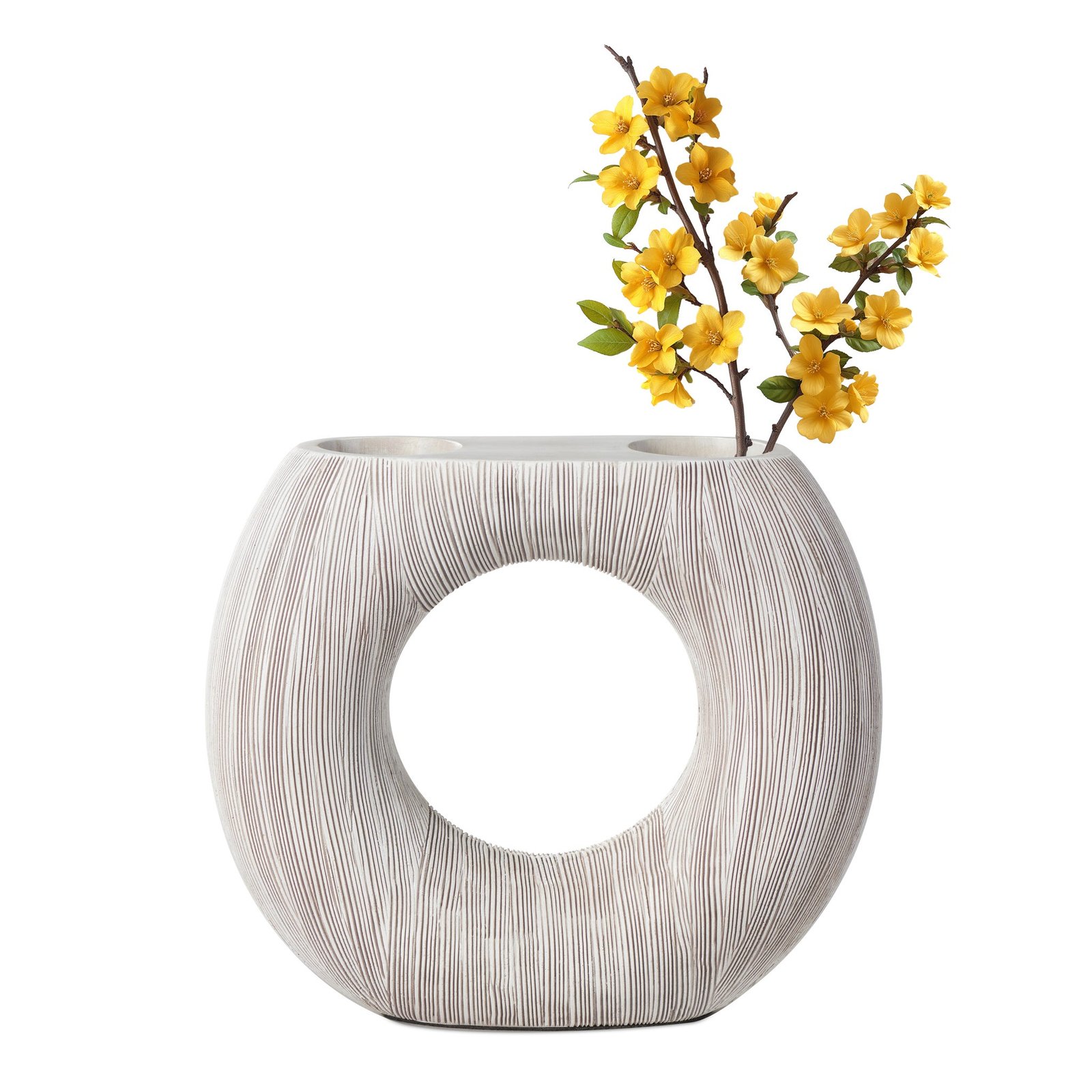 Alma Etched White Patina Resin Round Donut Vase - 9 Inch Tall - Image 9
