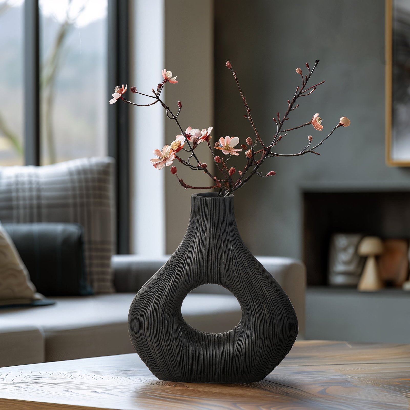 Alma Etched Black Patina Wide Donut Resin Vase - 9 Inch Tall - Image 8