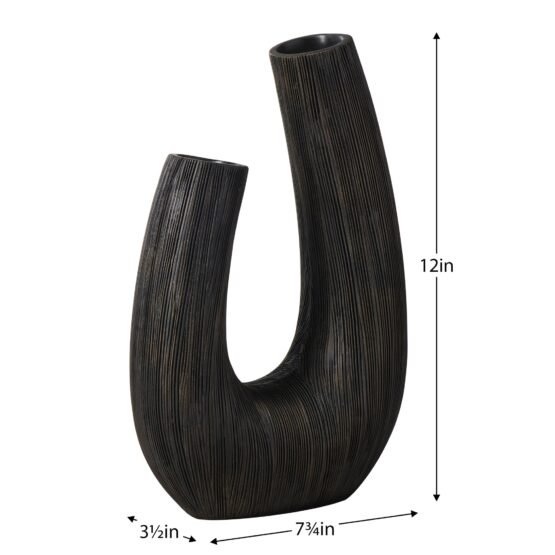 Alma Etched Black Patina Resin Horn Vase - 12 Inch Tall - Image 5