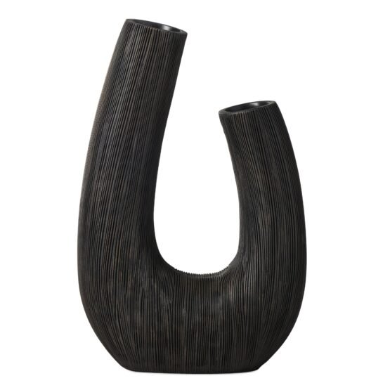 Alma Etched Black Patina Resin Horn Vase - 12 Inch Tall