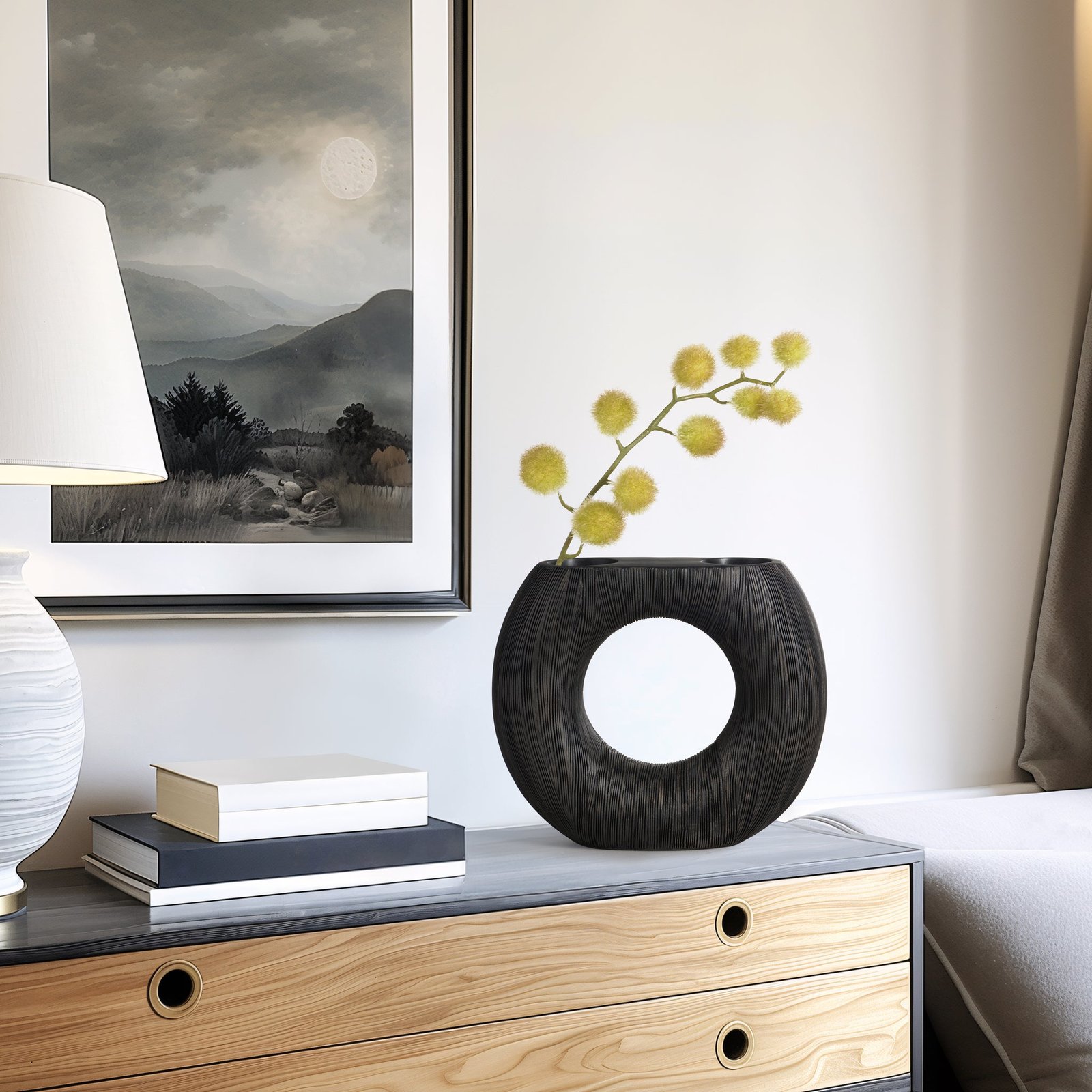 Alma Etched Black Patina Resin Round Donut Vase - 9 Inch Tall - Image 6