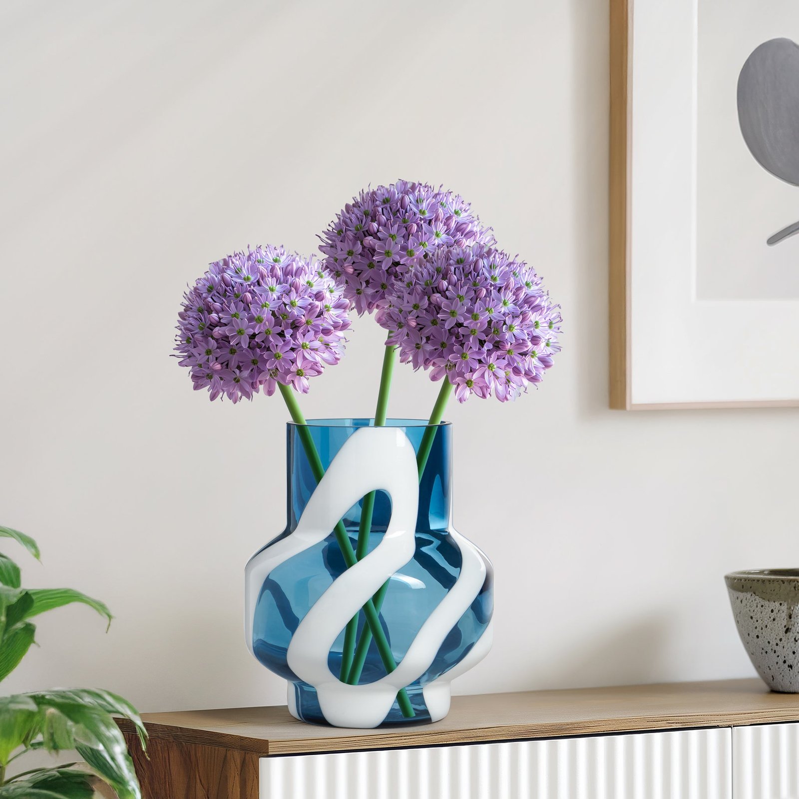 Fusion Abstract 8 Inch Tall White & Blue Glass Vase - Image 6