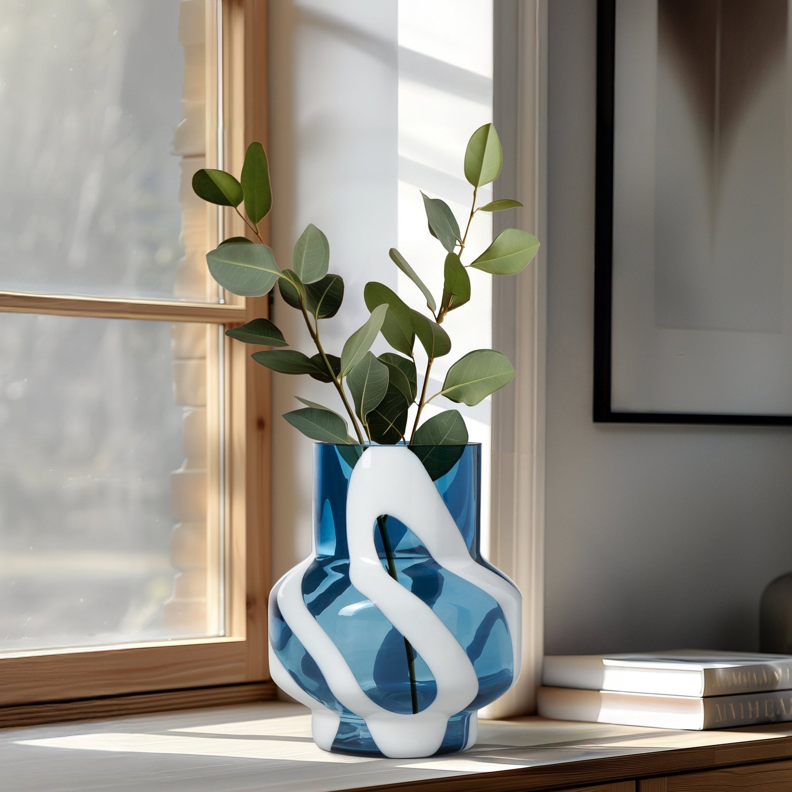 Fusion Abstract 8 Inch Tall White & Blue Glass Vase - Image 4