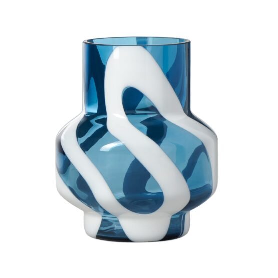 Fusion Abstract 8 Inch Tall White & Blue Glass Vase