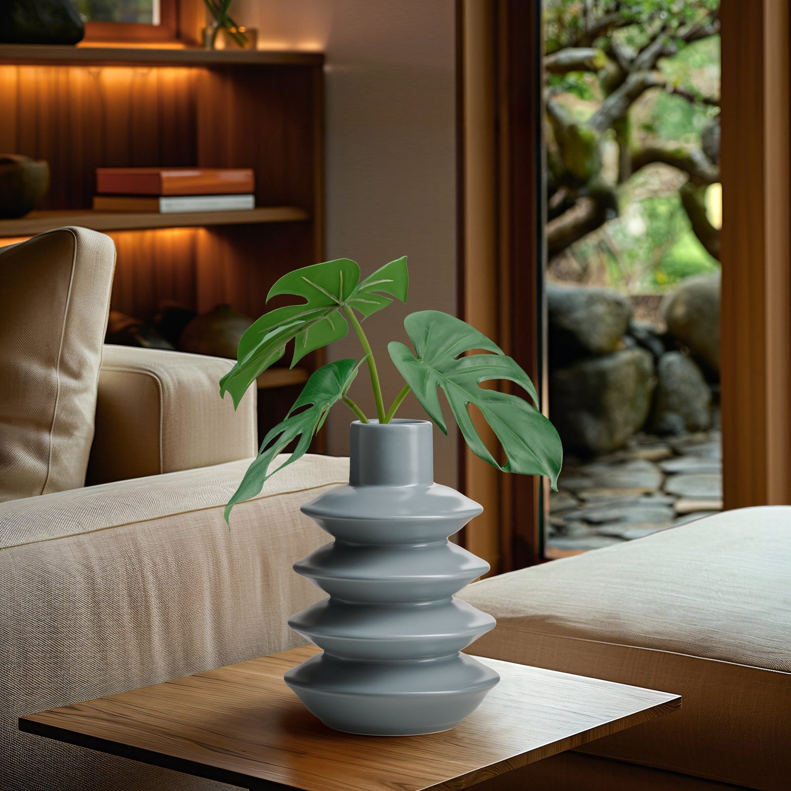 Alba Layered Ring 7.5 Inch Tall Ceramic Vase - Matte Slate Blue - Image 5