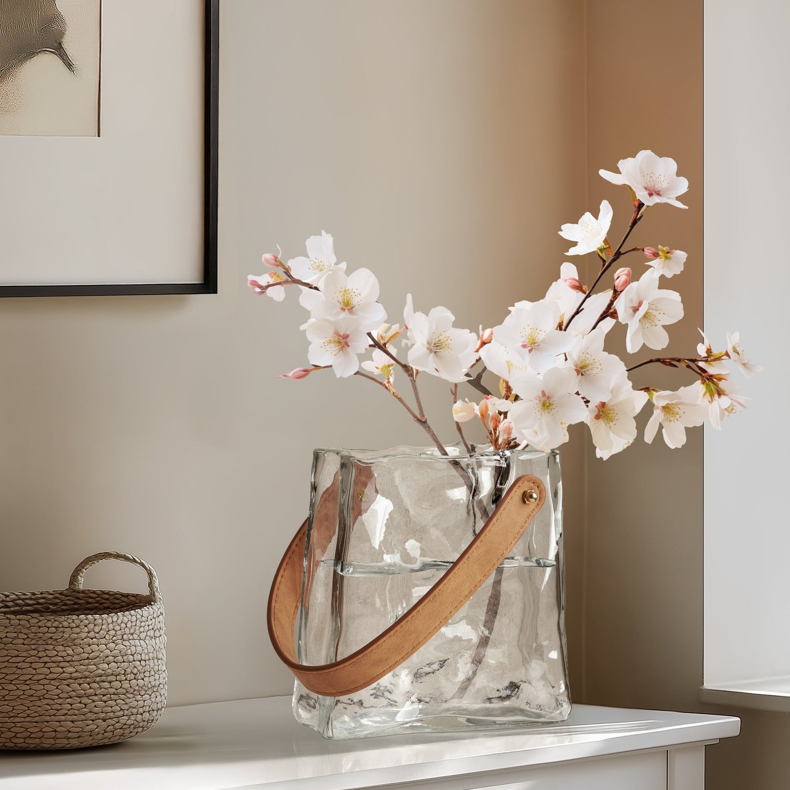 Handbag Clear Glass 6.5 Inch Tall Vase with Faux Leather Handle - Image 6