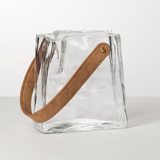 Handbag Clear Glass 6.5 Inch Tall Vase with Faux Leather Handle - Image 5