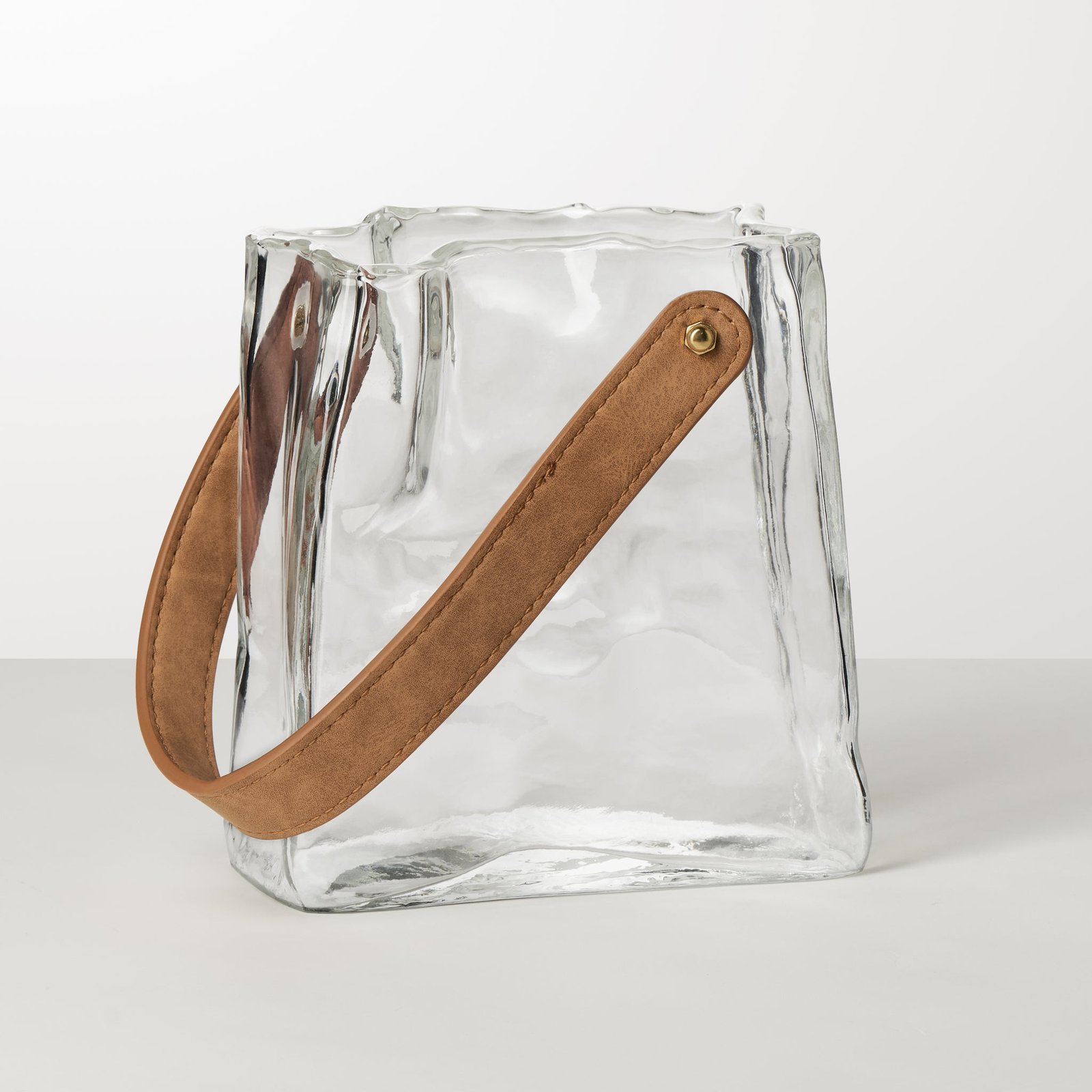 Handbag Clear Glass 6.5 Inch Tall Vase with Faux Leather Handle - Image 5