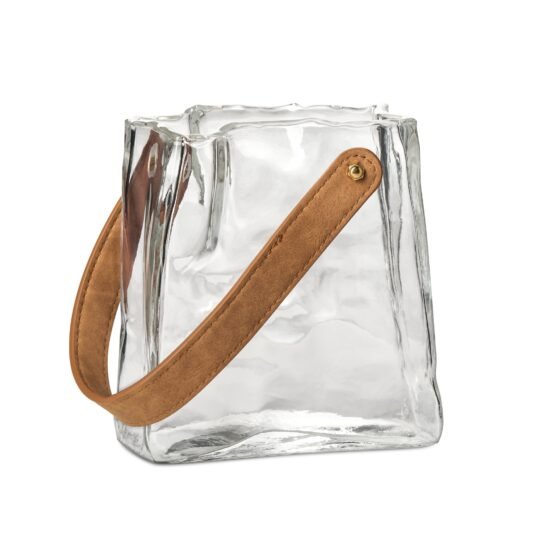 Handbag Clear Glass 6.5 Inch Tall Vase with Faux Leather Handle