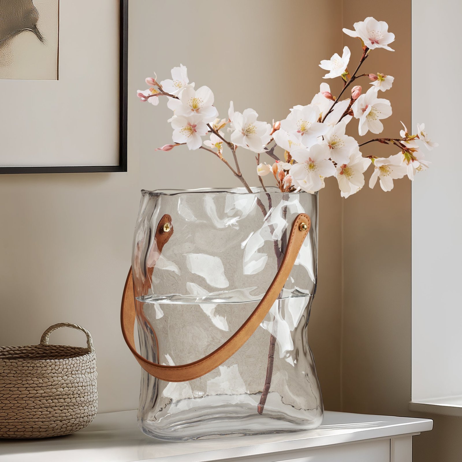 Handbag Clear Glass 9.5 Inch Tall Vase with Faux Leather Handle - Image 6