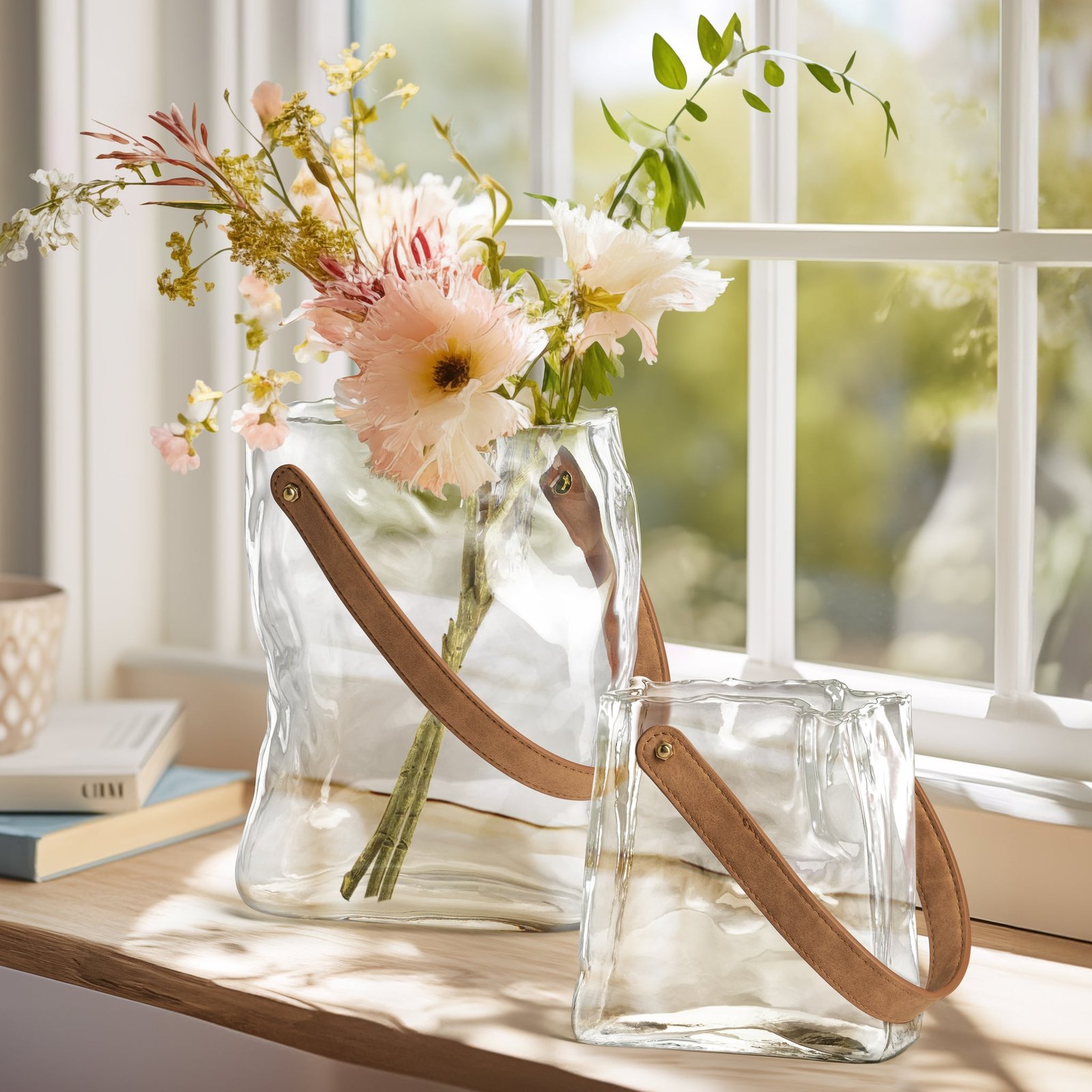 Handbag Clear Glass 9.5 Inch Tall Vase with Faux Leather Handle - Image 4