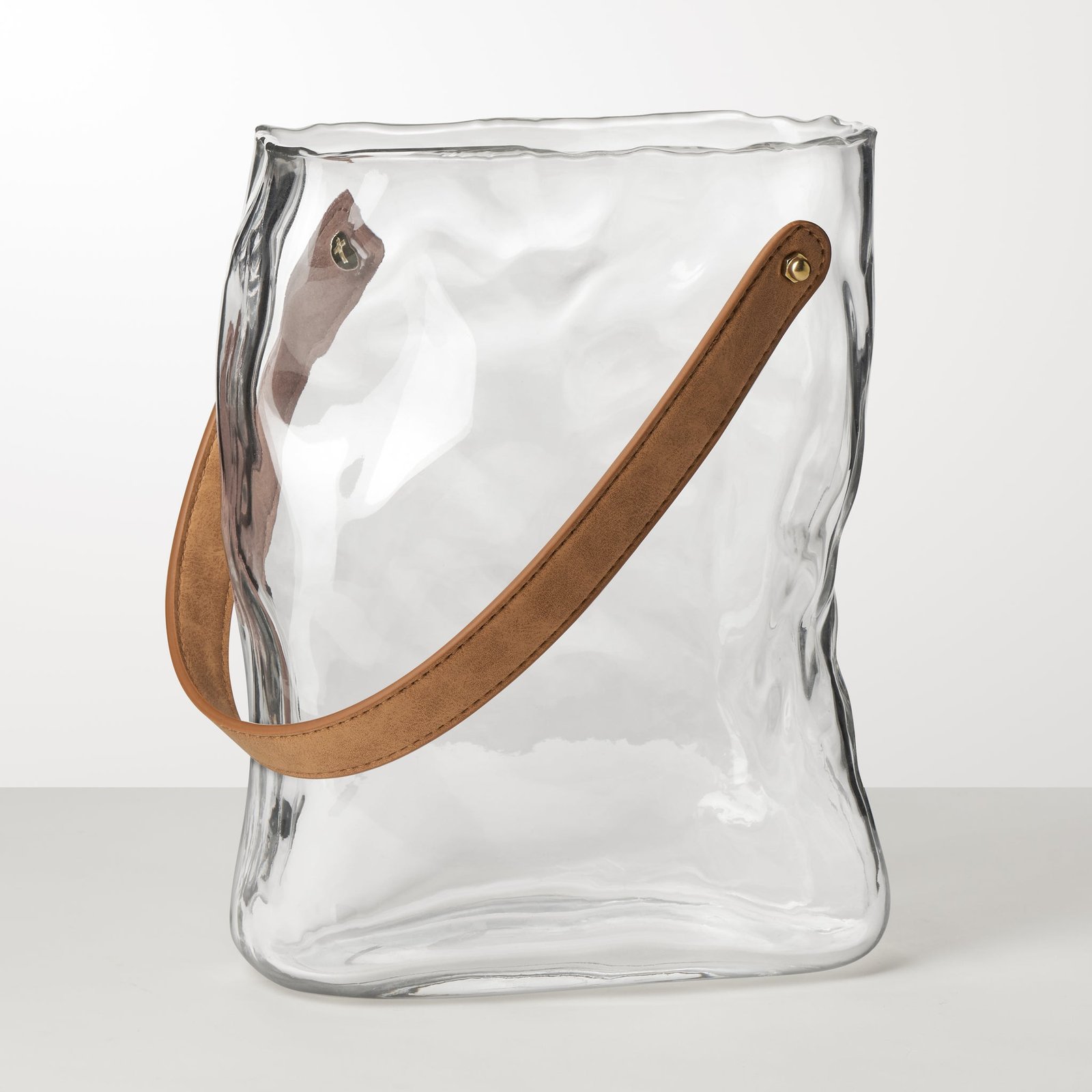 Handbag Clear Glass 9.5 Inch Tall Vase with Faux Leather Handle - Image 5
