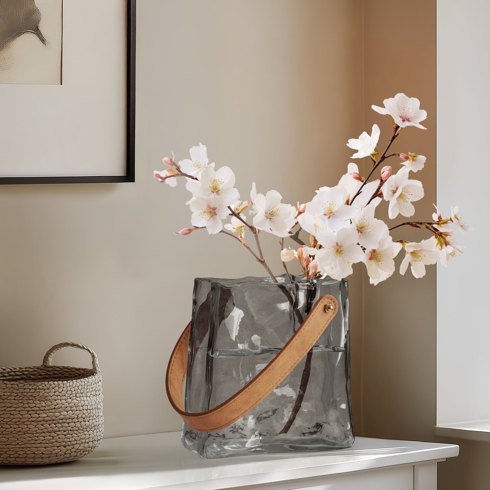 Handbag Smoke Glass 6.5 Inch Tall Vase with Faux Leather Handle - Image 6