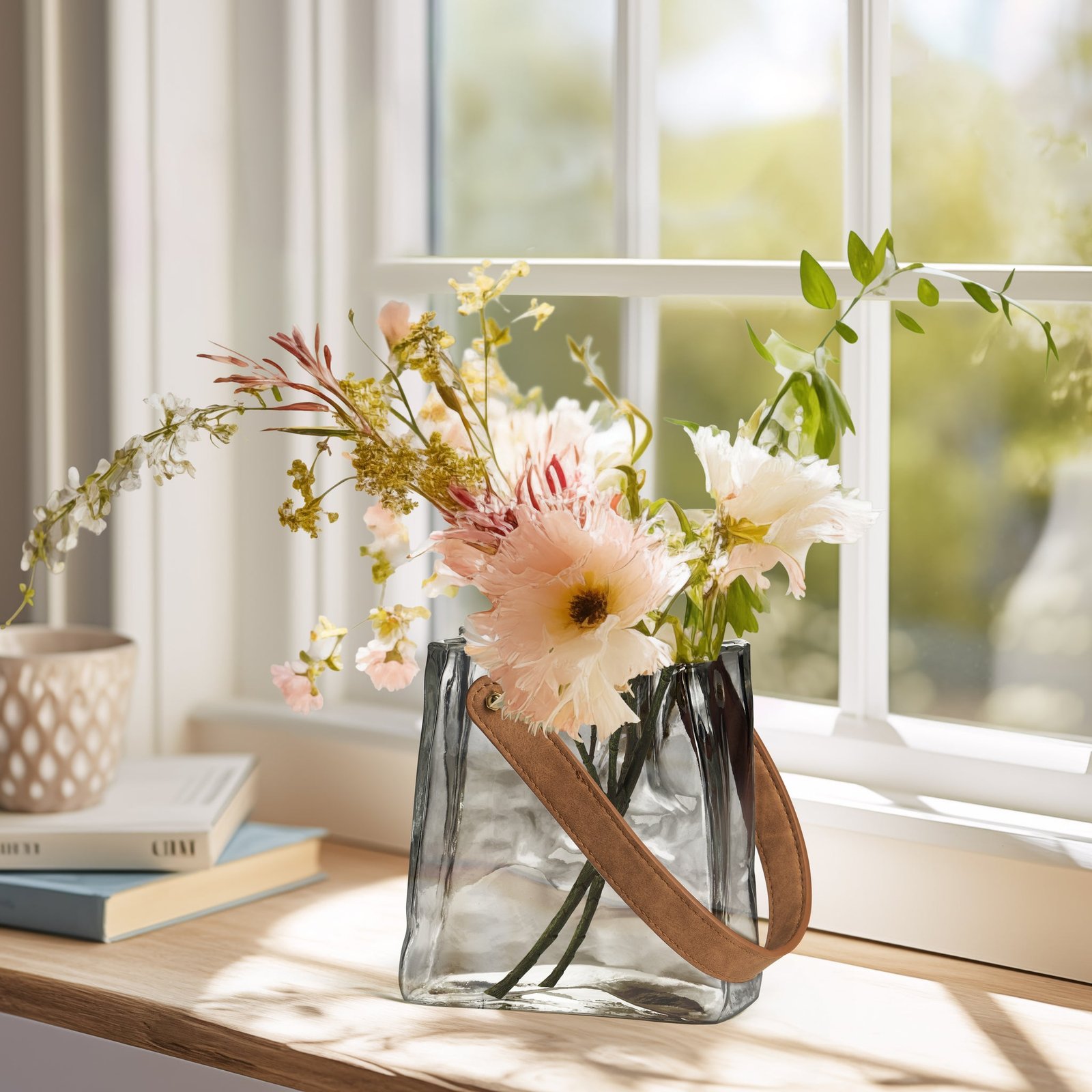 Handbag Smoke Glass 6.5 Inch Tall Vase with Faux Leather Handle - Image 3