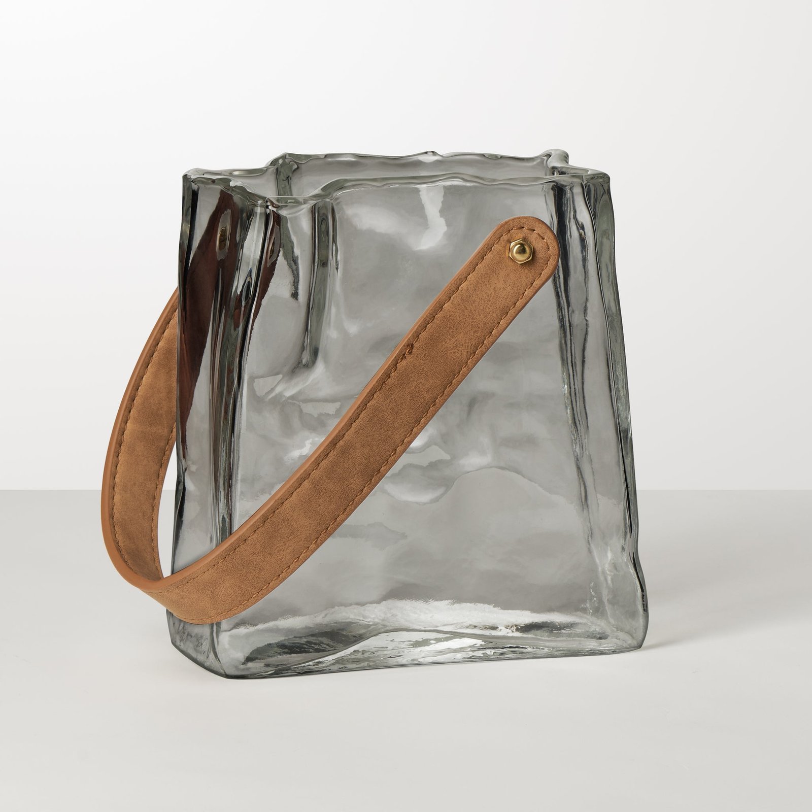 Handbag Smoke Glass 6.5 Inch Tall Vase with Faux Leather Handle - Image 5