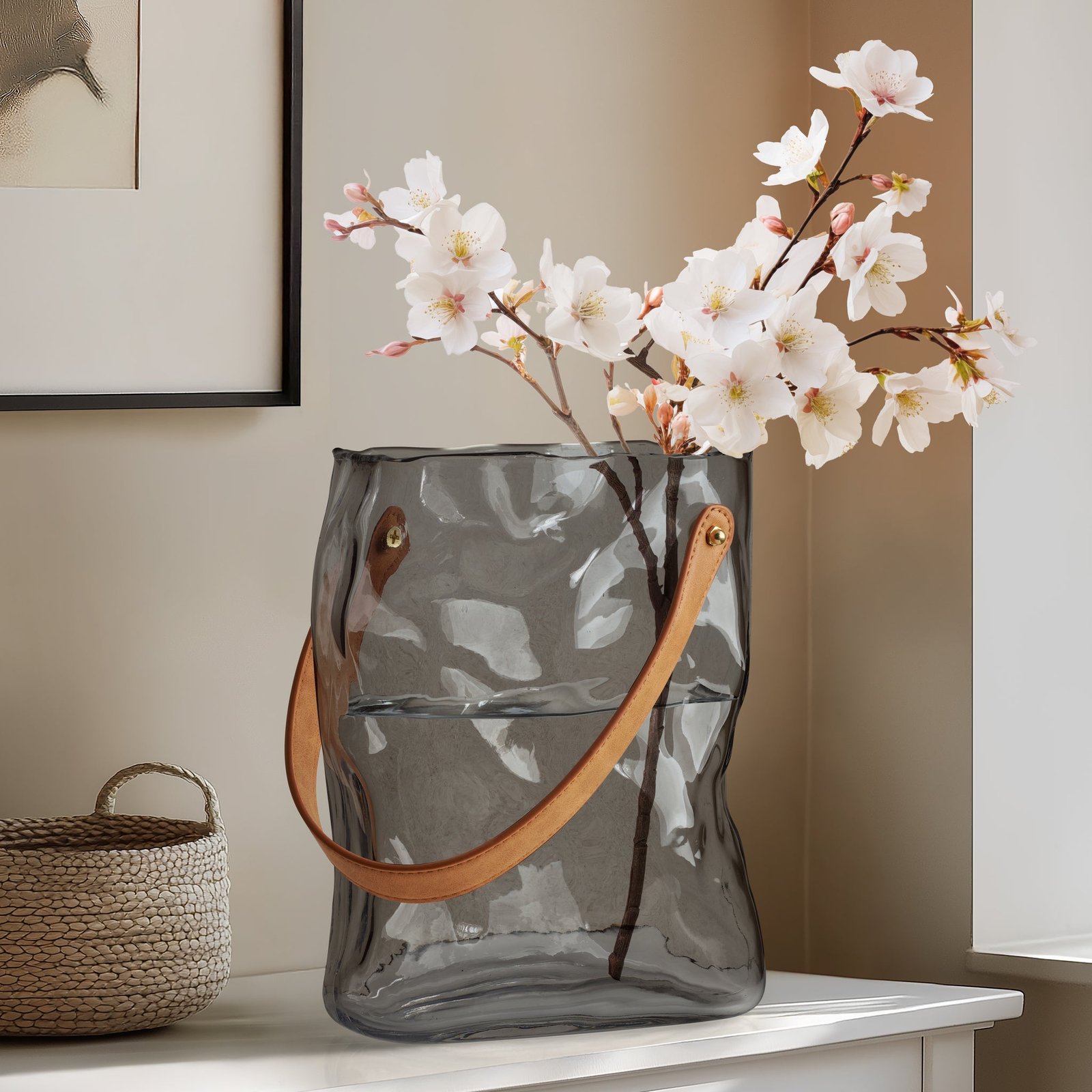 Handbag Smoke Glass 9.5 Inch Tall Vase with Faux Leather Handle - Image 6