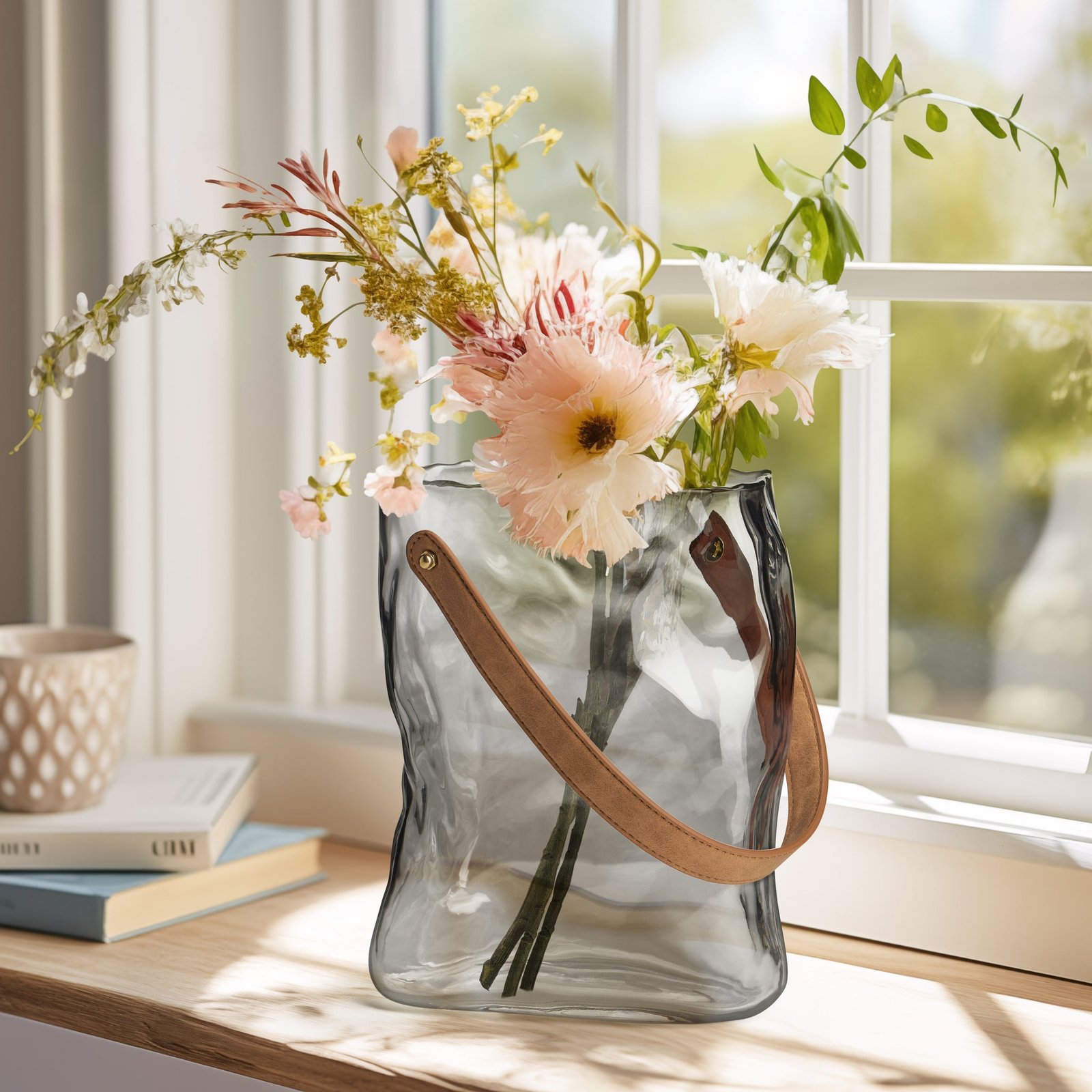 Handbag Smoke Glass 9.5 Inch Tall Vase with Faux Leather Handle - Image 3