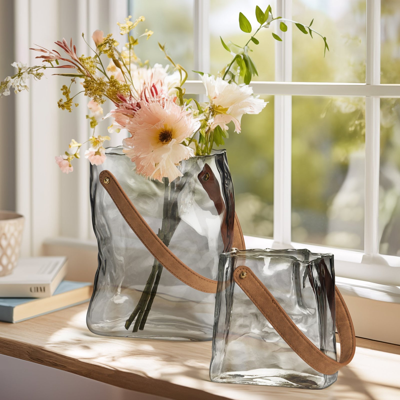 Handbag Smoke Glass 9.5 Inch Tall Vase with Faux Leather Handle - Image 4