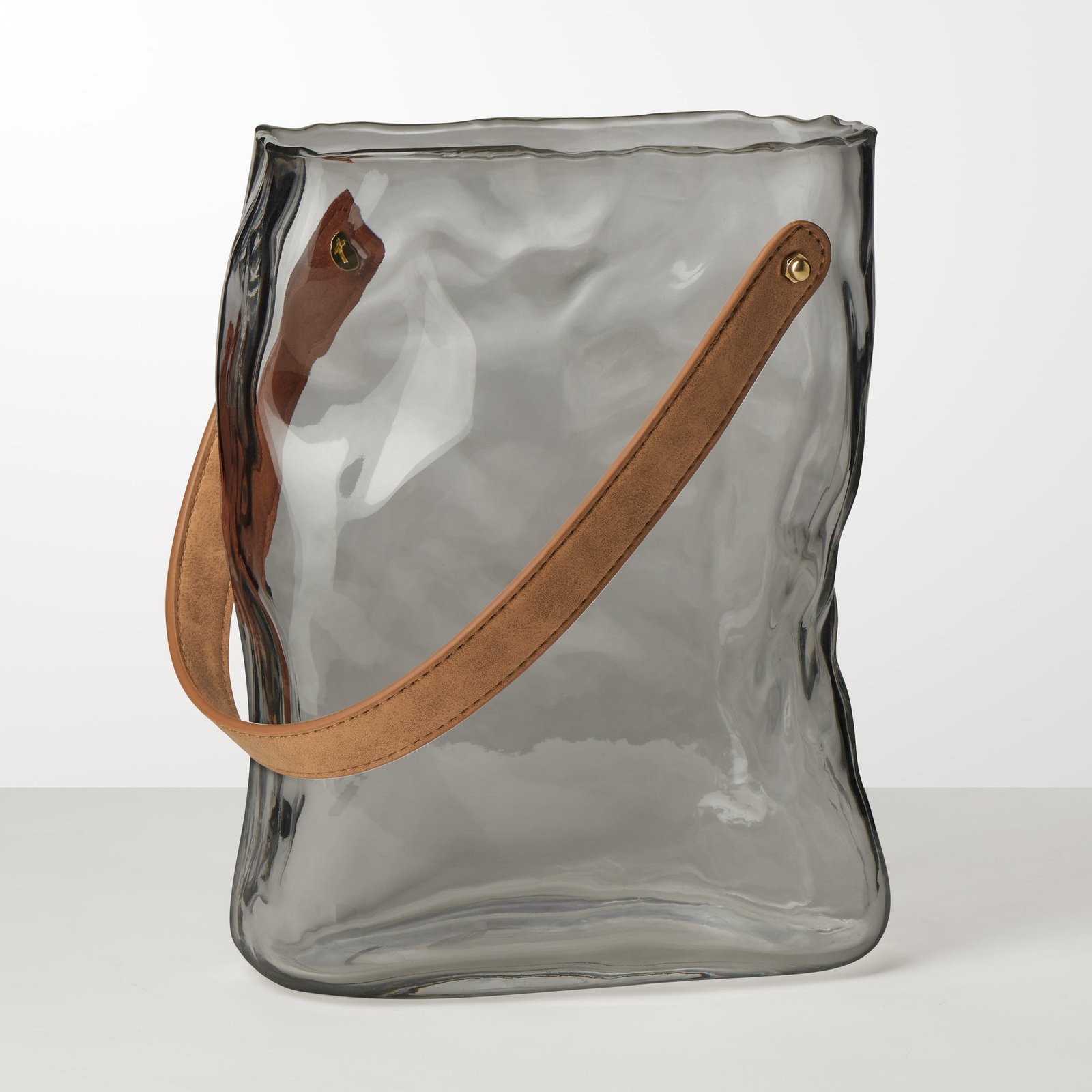 Handbag Smoke Glass 9.5 Inch Tall Vase with Faux Leather Handle - Image 5