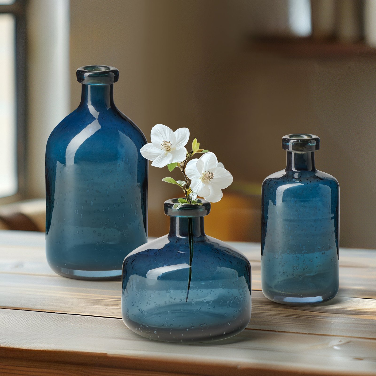 Tito Hand Blown Blue Glass 8 Inch Tall Bottle Vase - Image 5