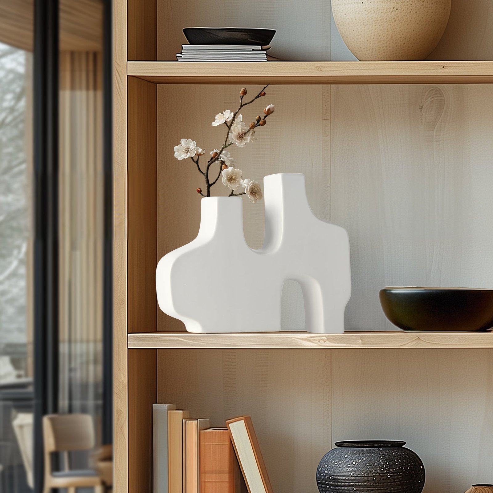 Abstract Duo 11.5 x 9 Inch Tall Matte White Ceramic Vase - Image 8
