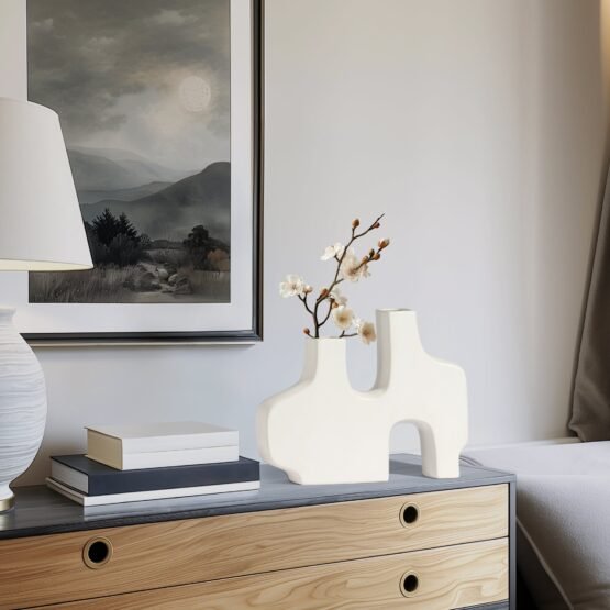 Abstract Duo 11.5 x 9 Inch Tall Matte White Ceramic Vase - Image 5