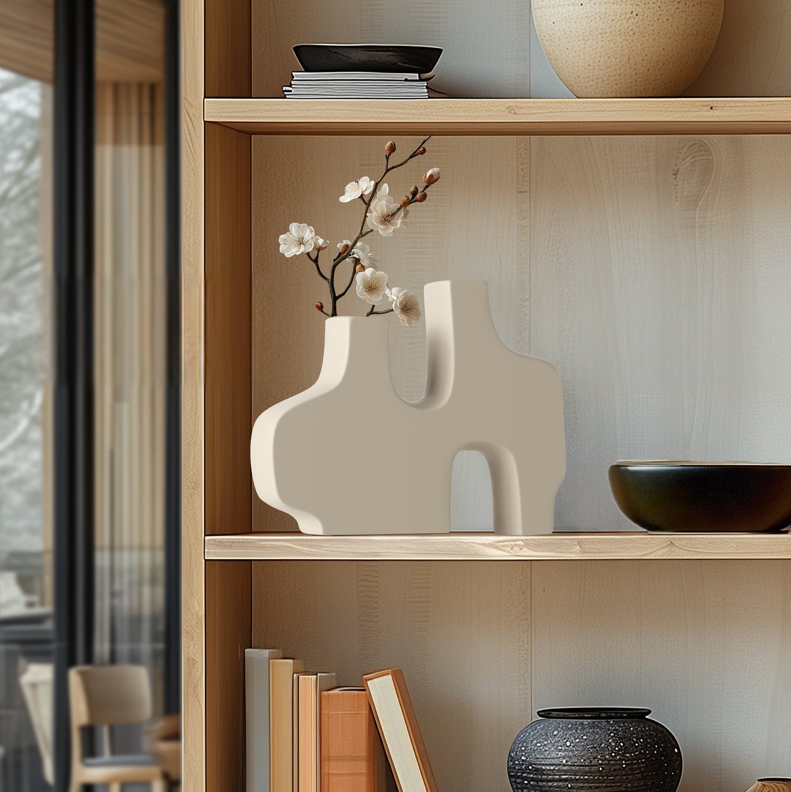 Abstract Duo 11.5 x 9 Inch Tall Matte Cream Ceramic Vase - Image 8