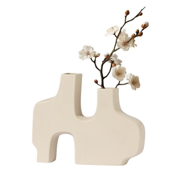 Abstract Duo 11.5 x 9 Inch Tall Matte Cream Ceramic Vase - Image 9