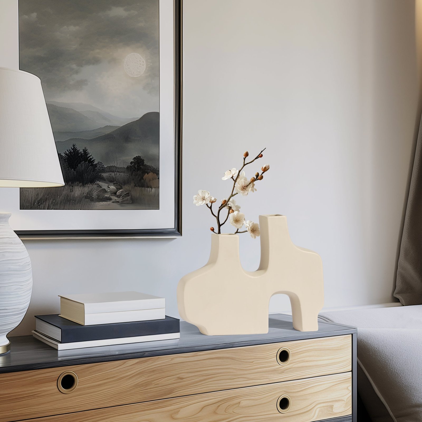 Abstract Duo 11.5 x 9 Inch Tall Matte Cream Ceramic Vase - Image 5