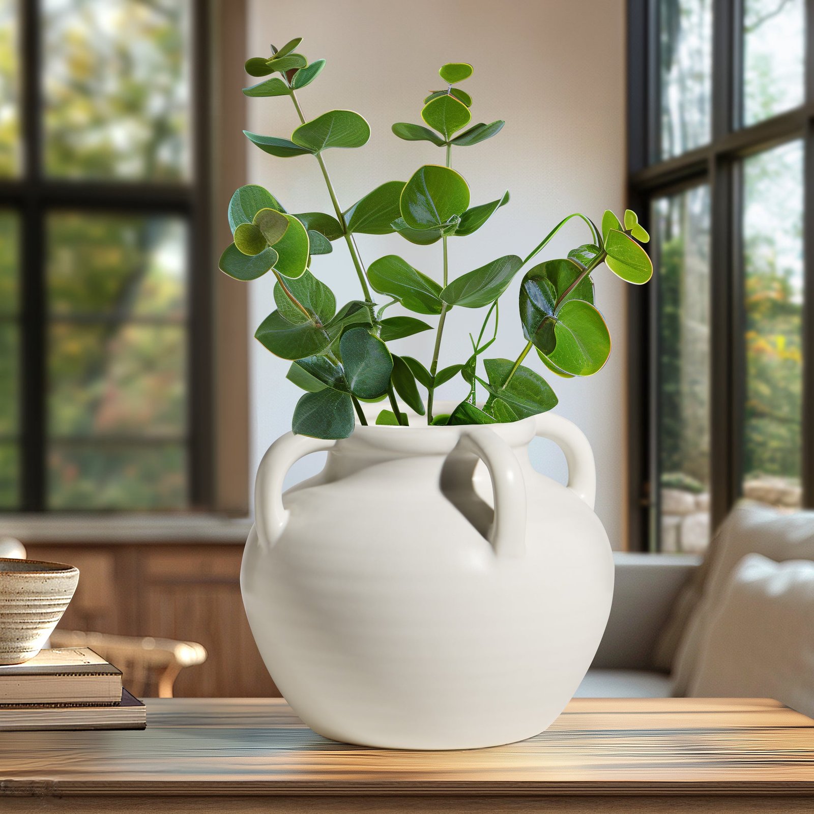 Capri Four Handle 6 Inch Tall Ceramic Pot Urn Vase - Matte White - Image 6