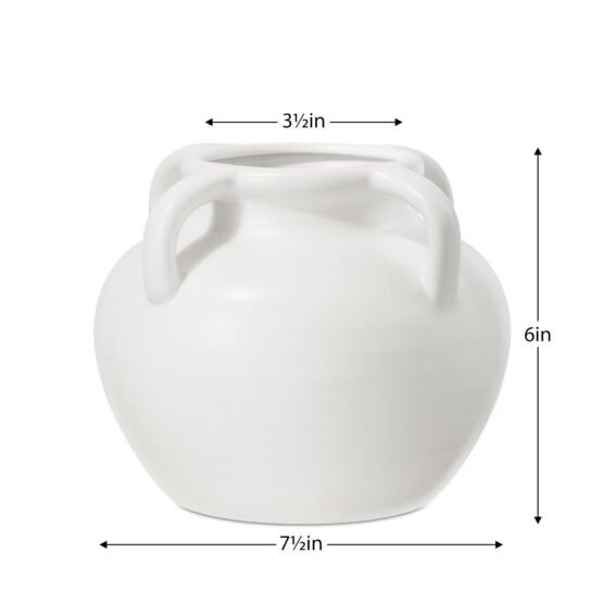 Capri Four Handle 6 Inch Tall Ceramic Pot Urn Vase - Matte White - Image 3