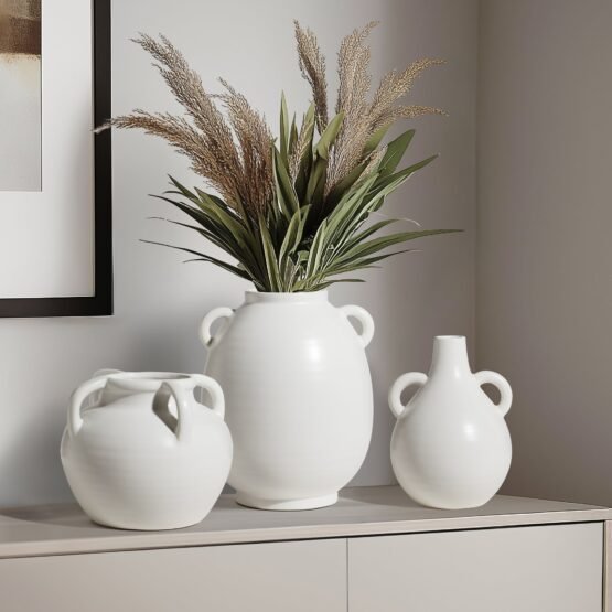 Capri Four Handle 6 Inch Tall Ceramic Pot Urn Vase - Matte White - Image 4