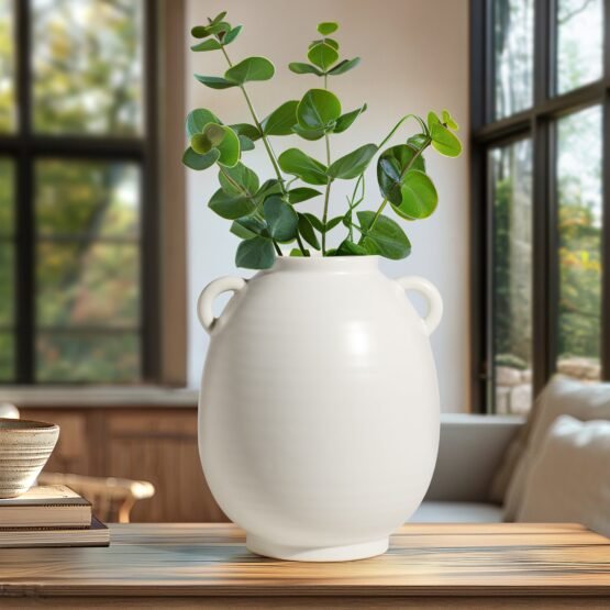 Capri Double Handle 9 Inch Tall Ceramic Oval Urn Vase - Matte White - Image 7