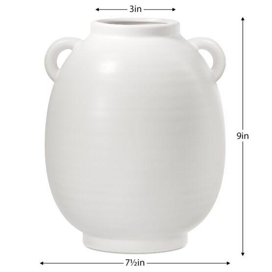 Capri Double Handle 9 Inch Tall Ceramic Oval Urn Vase - Matte White - Image 4