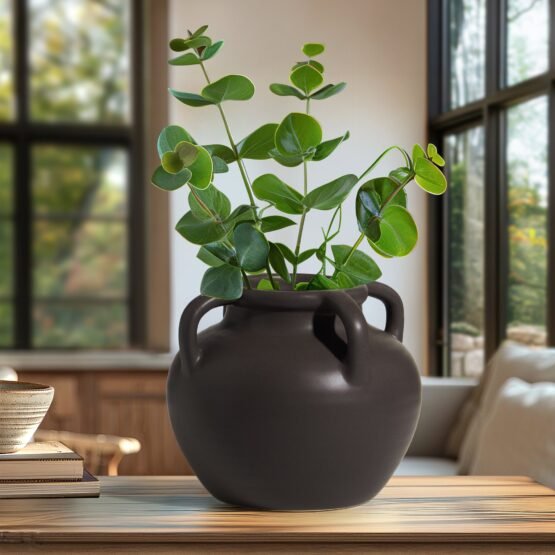 Capri Four Handle 6 Inch Tall Ceramic Pot Urn Vase - Matte Brown - Image 6