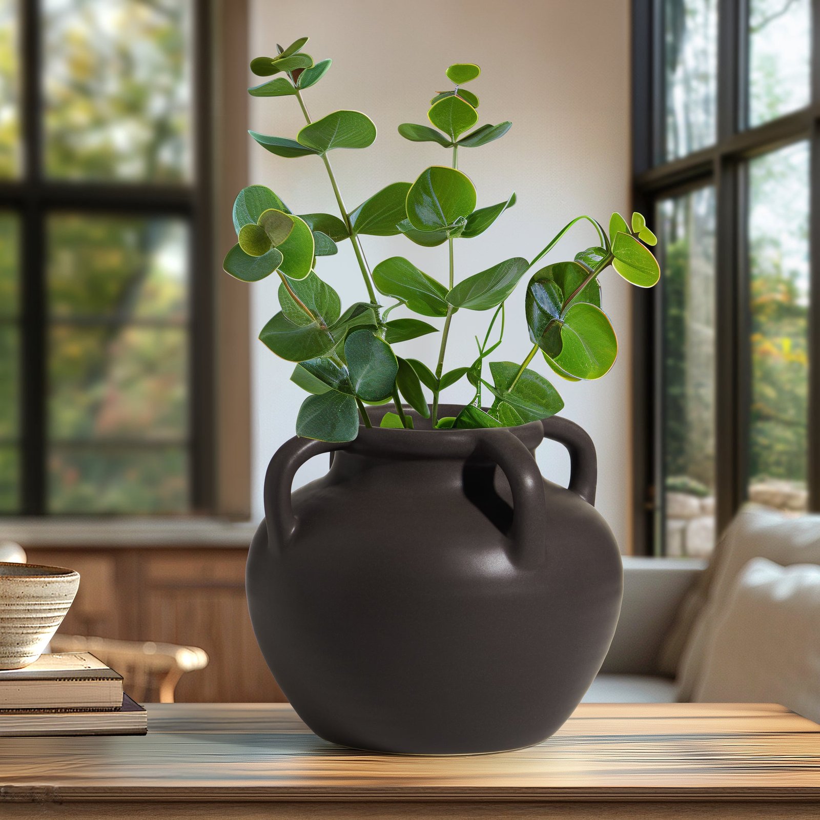 Capri Four Handle 6 Inch Tall Ceramic Pot Urn Vase - Matte Brown - Image 6