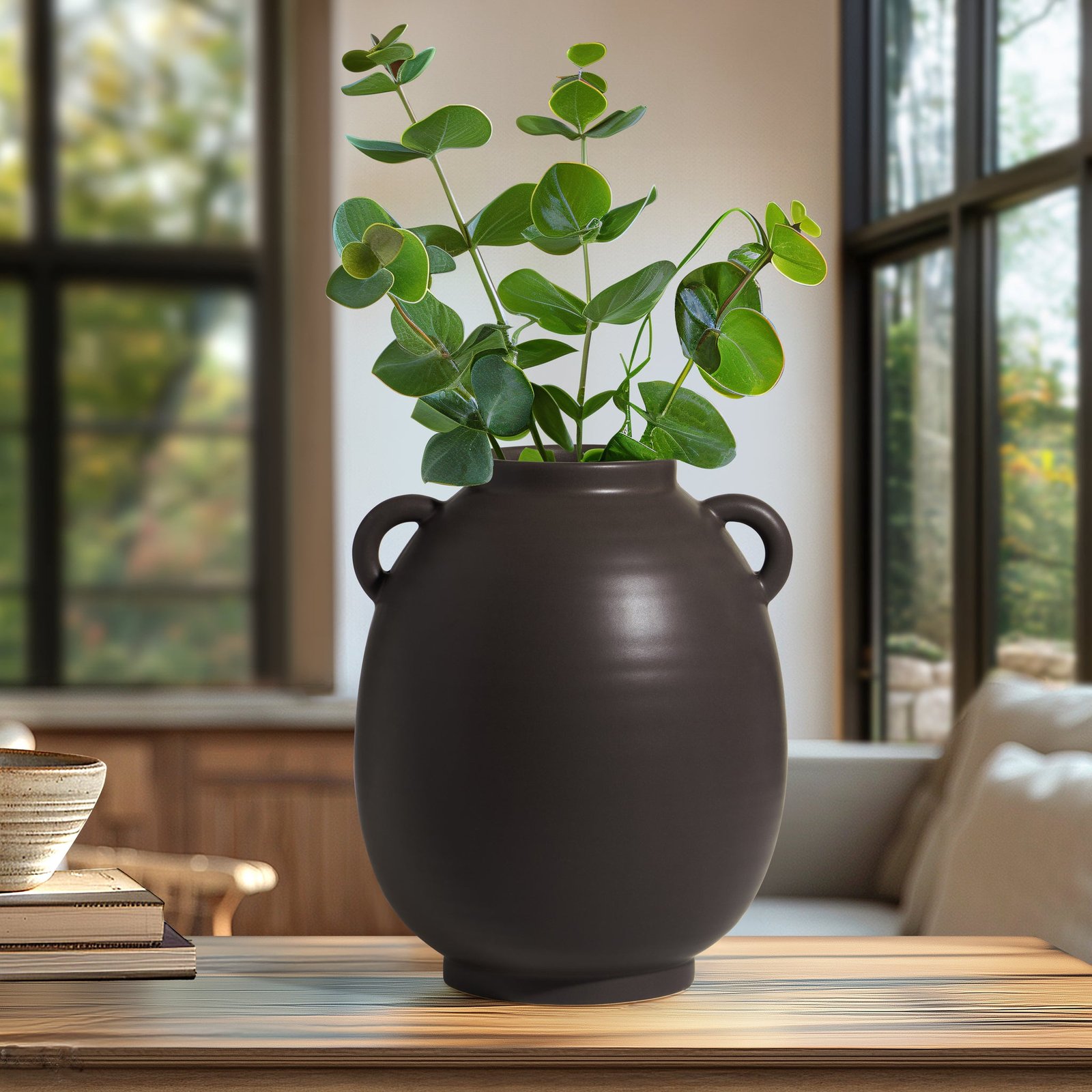 Capri Double Handle 9 Inch Tall Ceramic Oval Urn Vase - Matte Brown - Image 7
