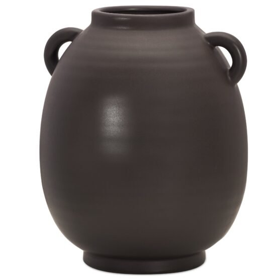 Capri Double Handle 9 Inch Tall Ceramic Oval Urn Vase - Matte Brown - Image 9