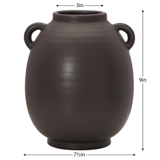 Capri Double Handle 9 Inch Tall Ceramic Oval Urn Vase - Matte Brown - Image 4