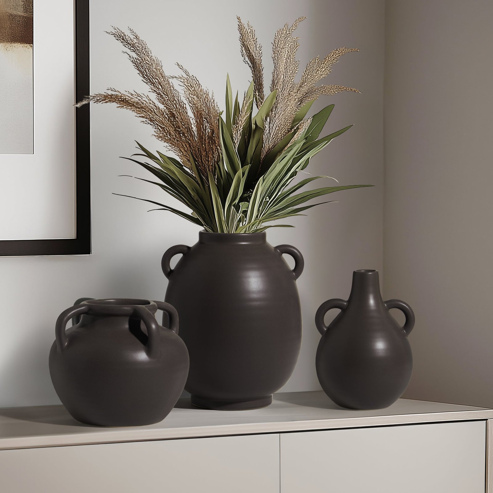 Capri Double Handle 9 Inch Tall Ceramic Oval Urn Vase - Matte Brown - Image 5