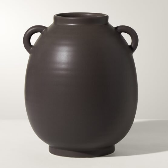 Capri Double Handle 9 Inch Tall Ceramic Oval Urn Vase - Matte Brown - Image 6