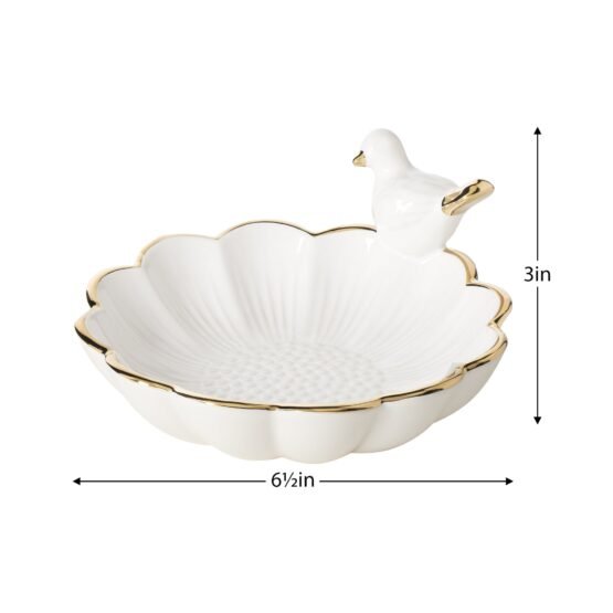 Perched Bird Gold Trim Flower 6 Inch Diameter Ceramic Decor Dish - Image 3