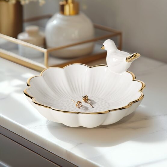 Perched Bird Gold Trim Flower 6 Inch Diameter Ceramic Decor Dish - Image 4