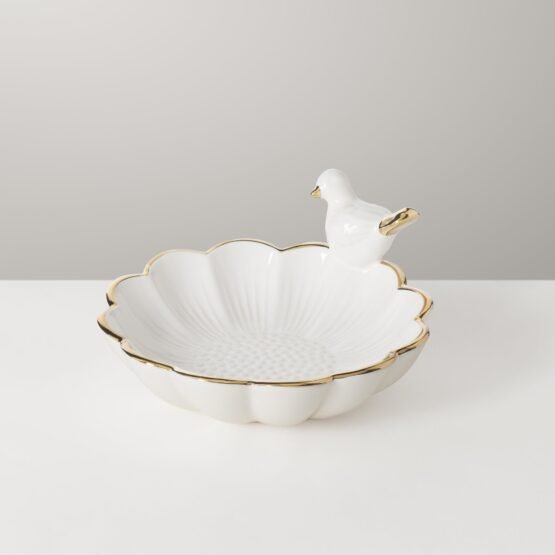 Perched Bird Gold Trim Flower 6 Inch Diameter Ceramic Decor Dish - Image 6