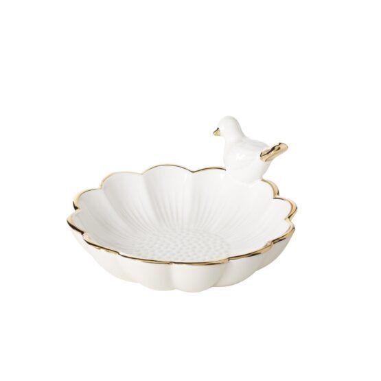 Perched Bird Gold Trim Flower 6 Inch Diameter Ceramic Decor Dish