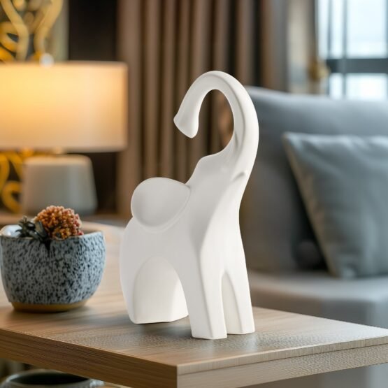 Whimsical Elephant 8.5 Inch Tall Ceramic Decor Sculpture - Matte White - Image 5