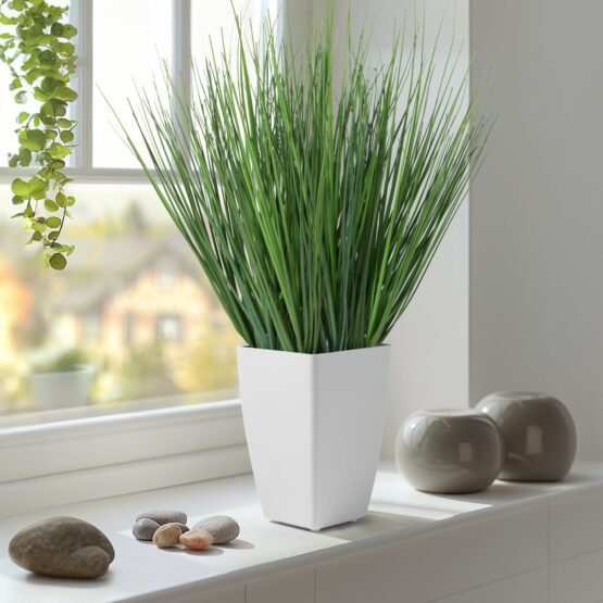 Onion Grass Artificial Faux Potted 17 Inch Tall Plant with White Square Pot - Image 7