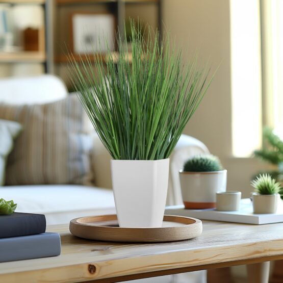 Onion Grass Artificial Faux Potted 17 Inch Tall Plant with White Square Pot - Image 2
