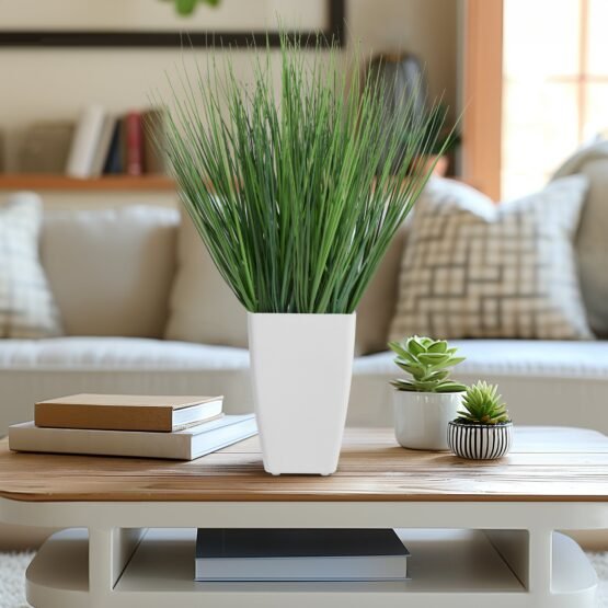 Onion Grass Artificial Faux Potted 17 Inch Tall Plant with White Square Pot - Image 3